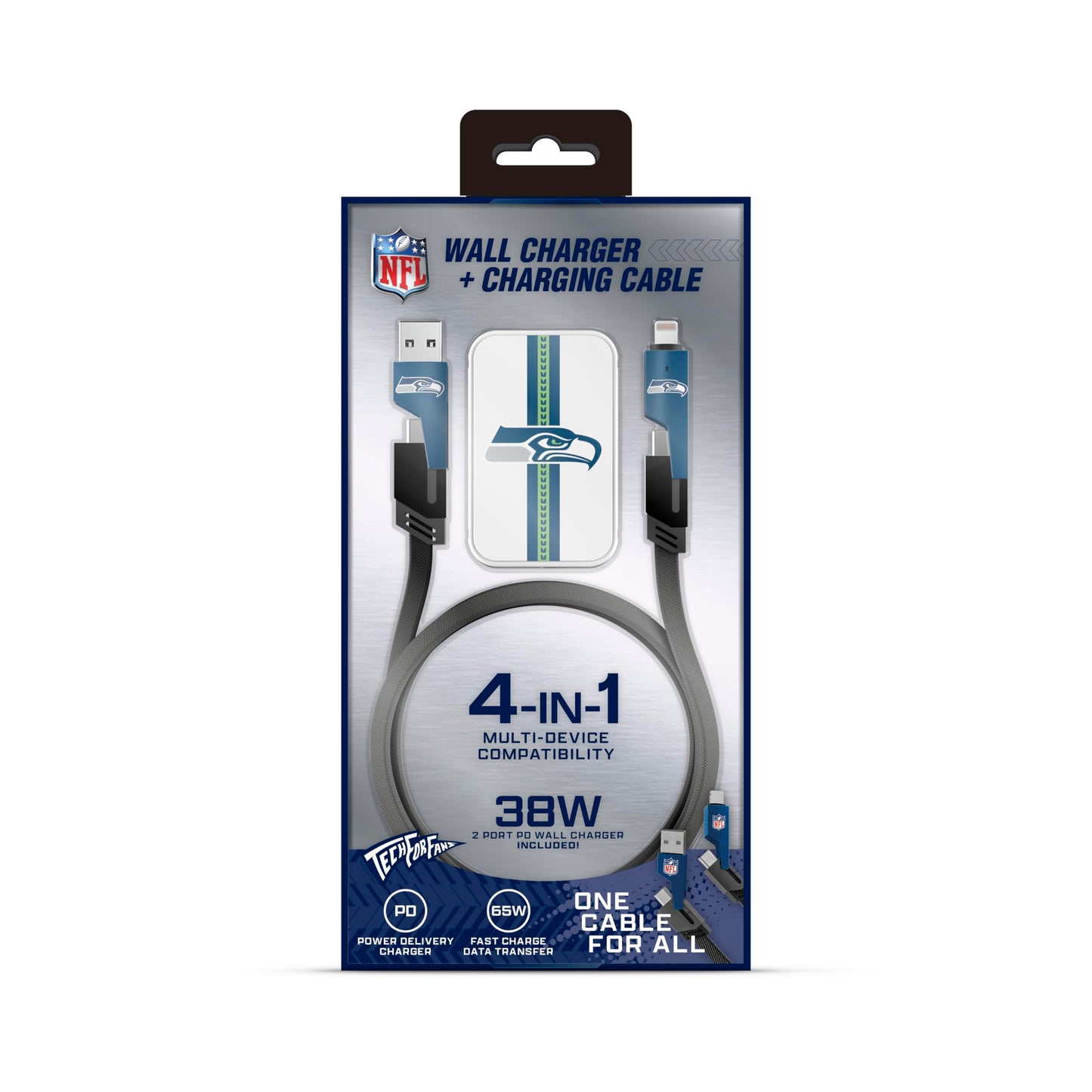 SOAR NFL Slim Wall Charger and 4 in 1 Multi Charging Cable, Seattle Seahawks