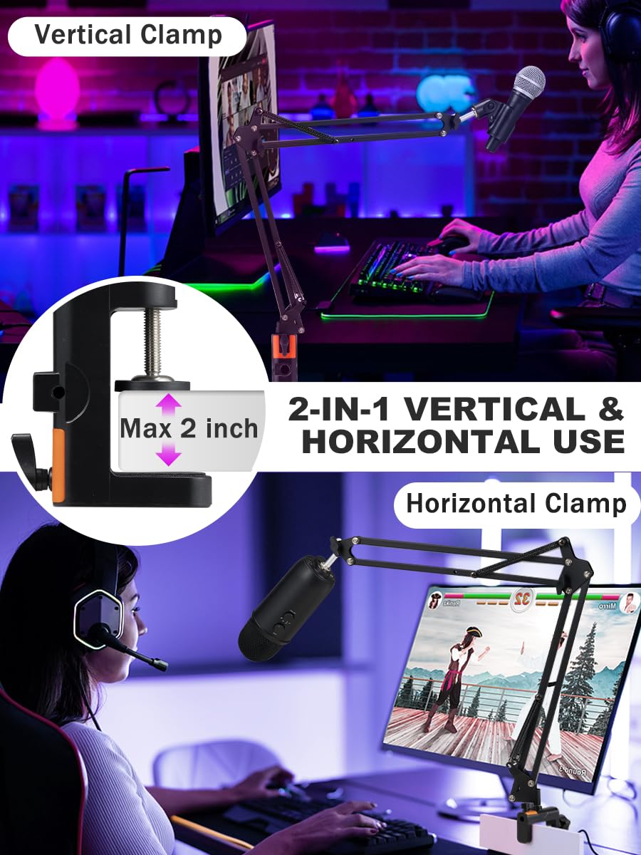 BOSEEN Microphone Boom Arm, Adjustable Suspension Boom Scissor Arm Stand with Heavy Duty Clamp, Pop Filter and Mic Clip Compatible with Yeti, QuadCast