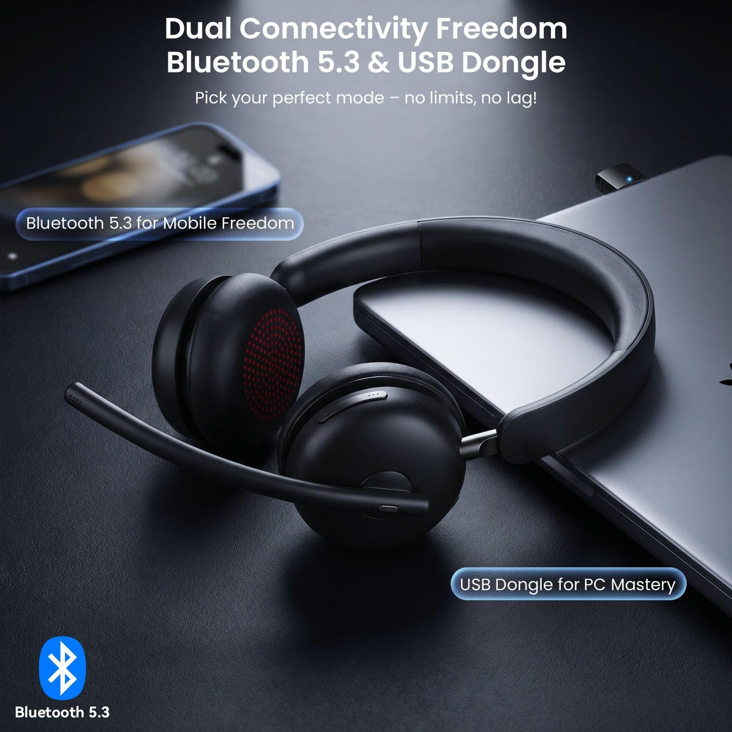 Wireless Headset with Mic for Work, One-Tap Mute & USB Dongle, Bluetooth 5.3 Headset, AI Noise Cancelling Mic, Wireless Headphones with Mic & 65H