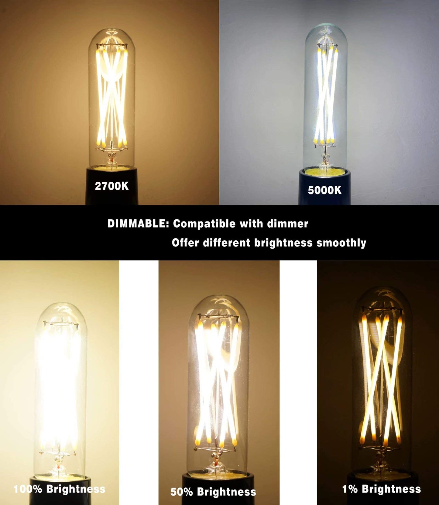 Yaoten E26 Dimmable 6W T10(T30) Led Edison Bulb, 60 Watt Equivalent, Daylight 5000K Tubular Vintage Shape for Chandeliers, Wall scones, Pendant, 3