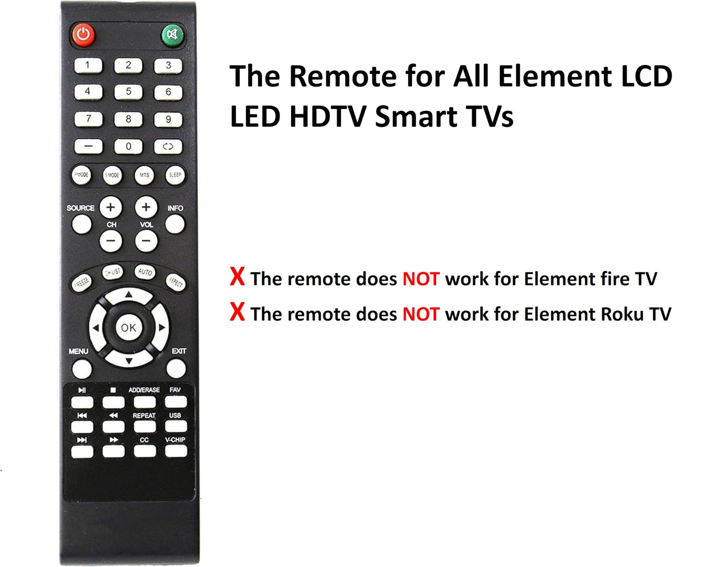 Universal Remote Control Replacement for Element TV - Not for fire & roku TV