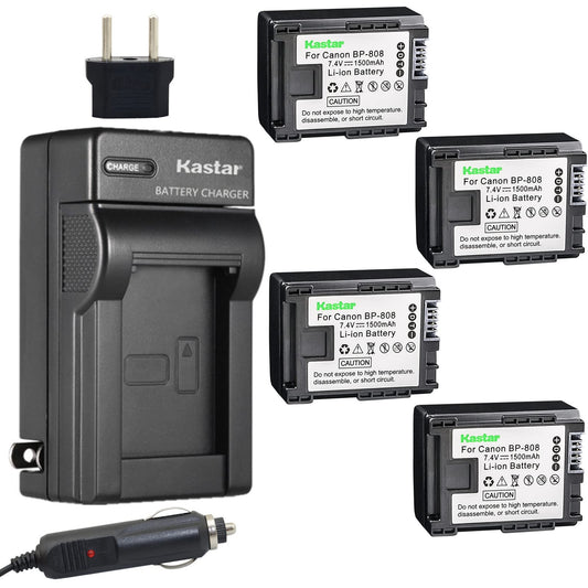 Kastar BP808 Battery (4-Pack) and Charger Kit for Canon BP-807, BP-808, BP-809 and Canon HFM400 HF100 M300 S100 S200 FS36 FS37 HF200 HFS11 HF100 HF20