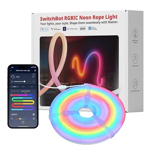 SwitchBot RGBIC Neon Rope Light, 5M Matter-Certified Neon Strip Lights Works with Apple Home, Alexa and Google Home, 16 Million Colors, Music Sync