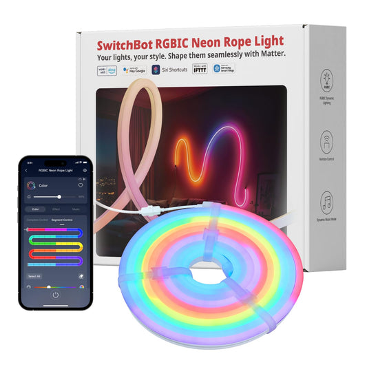 SwitchBot RGBIC Neon Rope Light, 5M Matter-Certified Neon Strip Lights Works with Apple Home, Alexa and Google Home, 16 Million Colors, Music Sync