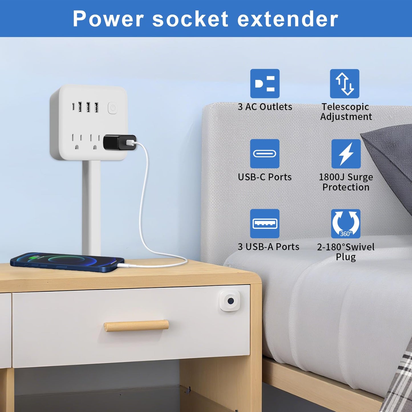 Electrical Outlet Extender Stick,Extendable Socket Features 3 USB-A,1 USB-C and 3 AC Outlets,Electric Outlet Extender,Rotates 180°,Extends