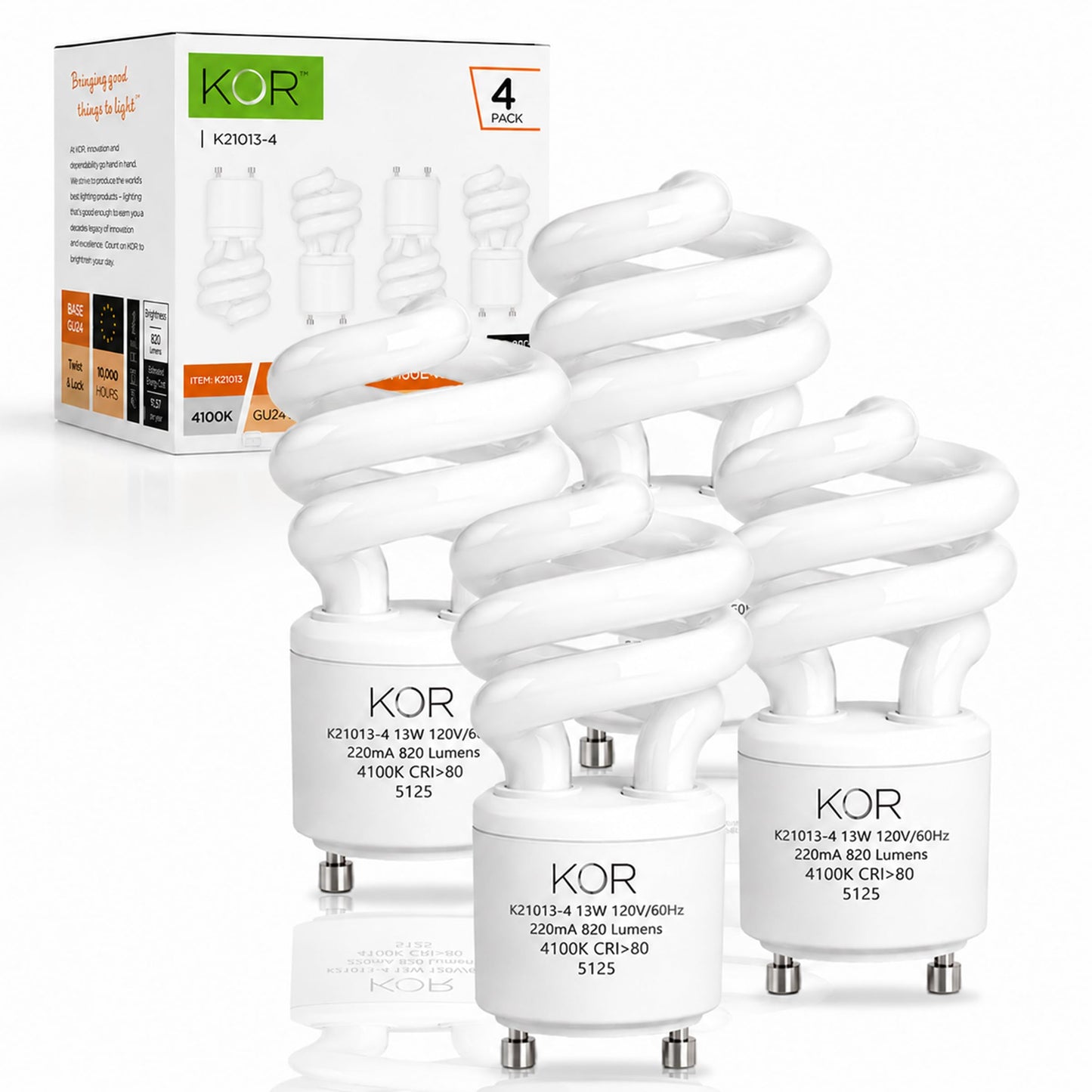 KOR 4-Pack 13W GU24 Base CFL Light Bulbs, 60W Equivalent, Cool White 4100K