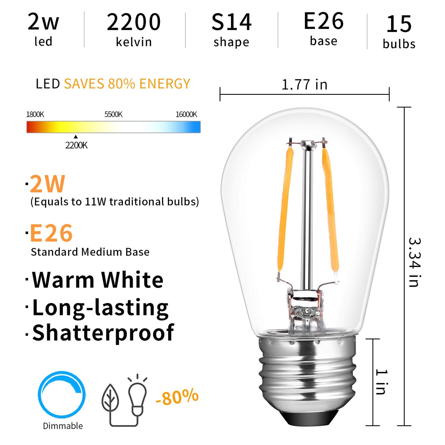 ECOVANIA Upgrade IP65 Waterproof Outdoor String Light Bulbs, 2W LED S14 Replacement Shatterproof Plastic Edison Light Bulbs, 130v E26 Medium Base