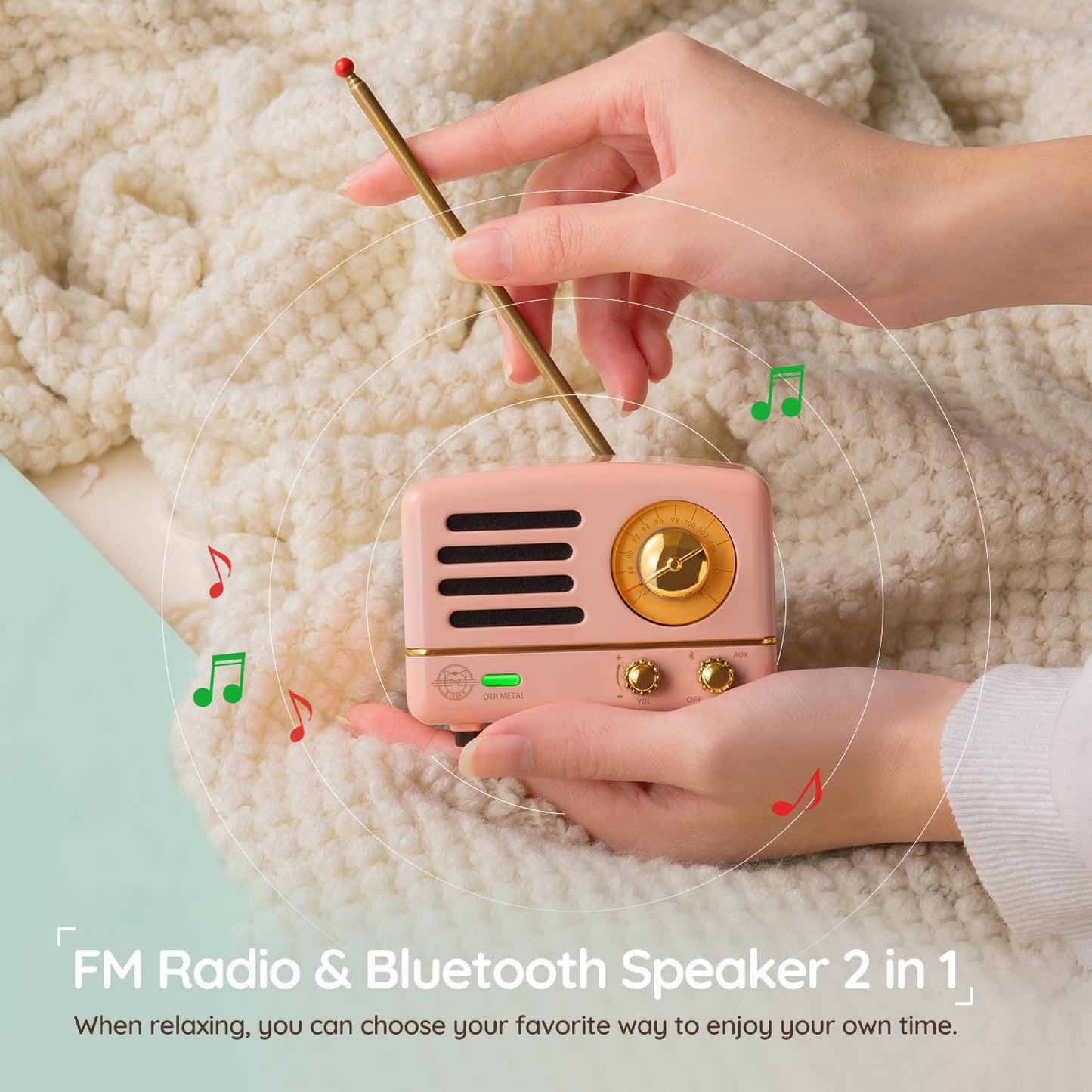 Muzen Portable Bluetooth Speaker, OTR Metal Retro Small Wireless Speaker, FM Radio with Antenna AUX, 10h+ Long Playtime, High Fidelity Stereo Audio