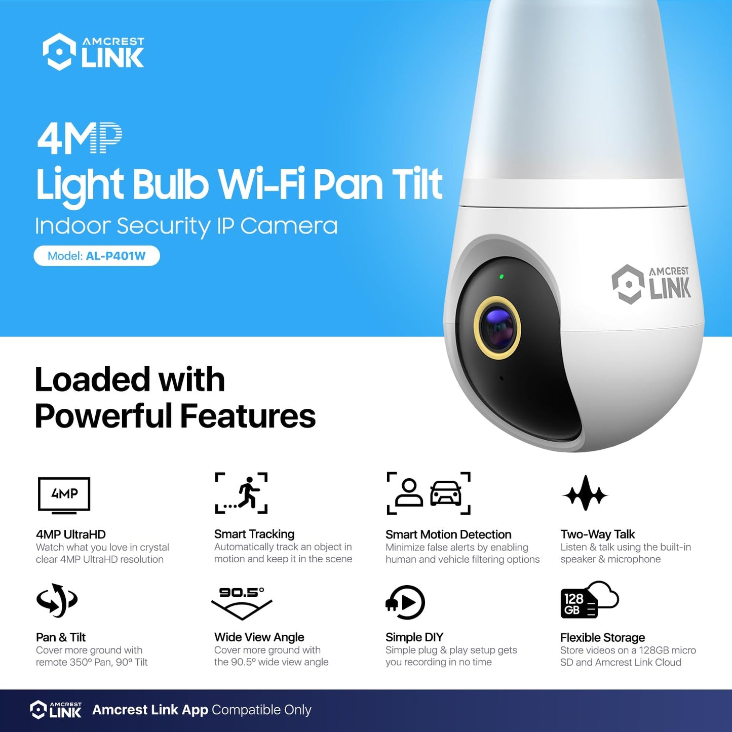 Amcrest Link 4MP Light Bulb WiFi Indoor/Outdoor Camera, Human Detection, 90.5° FOV, Pan/Tilt, IP45, AI Night Color, 2.4GHz/5GHz Dual Band Camera