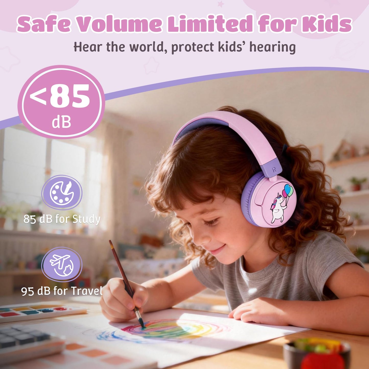 Sparks Plus Kids Headphones Bluetooth for Girls, Toddler Headphones Wireless for School, 85/95dB Volume Limited, 50H Playtime, Bluetooth 6.0, Built in