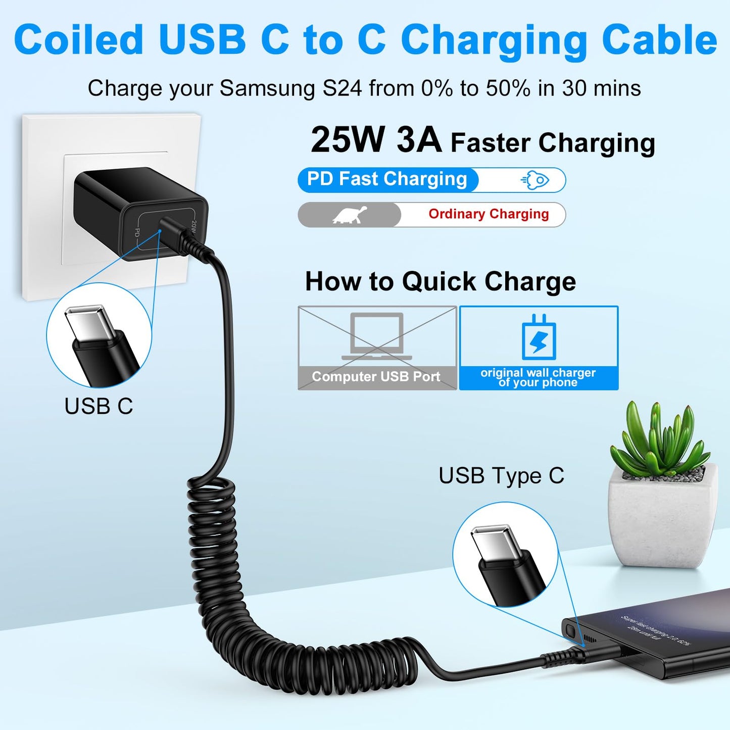 Coiled USB C Charger Cable Car Carplay 3ft for iPhone 17 Pro Max Air 16e 16 Samsung Galaxy A17 S25 Ultra S25+ A16 S24 Plus FE, Retractable Short