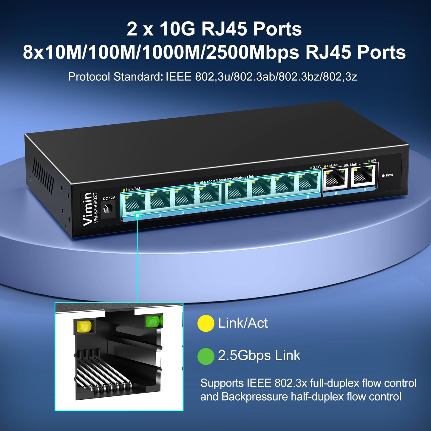 10-Port 10G/2.5G Ethernet Switch with Dual 10GBASE-T, Vimin 8X 2.5G +2 x 10Gb RJ45 Ports Unmanaged Switch, 80Gbps Capacity, 10G Switch Desktop/Wall