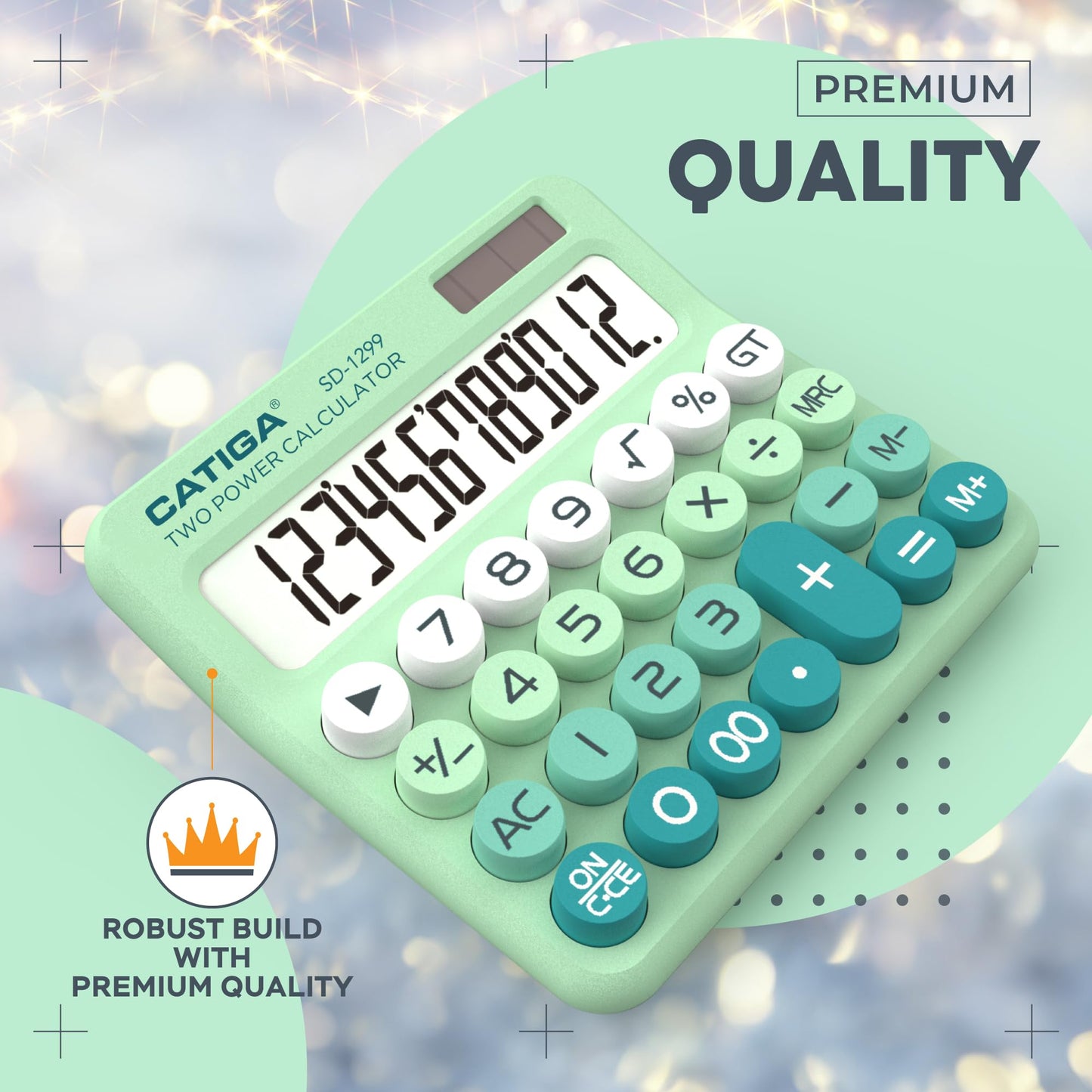 CATIGA Mechanical Switch Calculator with Solar and Battery Dual Power, 12-Digit Large LCD Display, Aesthetic and Cute Desktop Calculator with Big