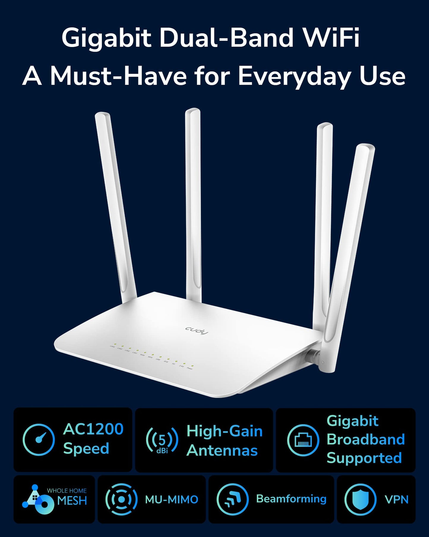 Cudy AC1200 Gigabit WiFi Router(WR1300), Dual Band MU-MIMO Wireless Internet Router, 4 x Antennas, VPN, Guest WiFi and AP Mode, Long Range Coverage