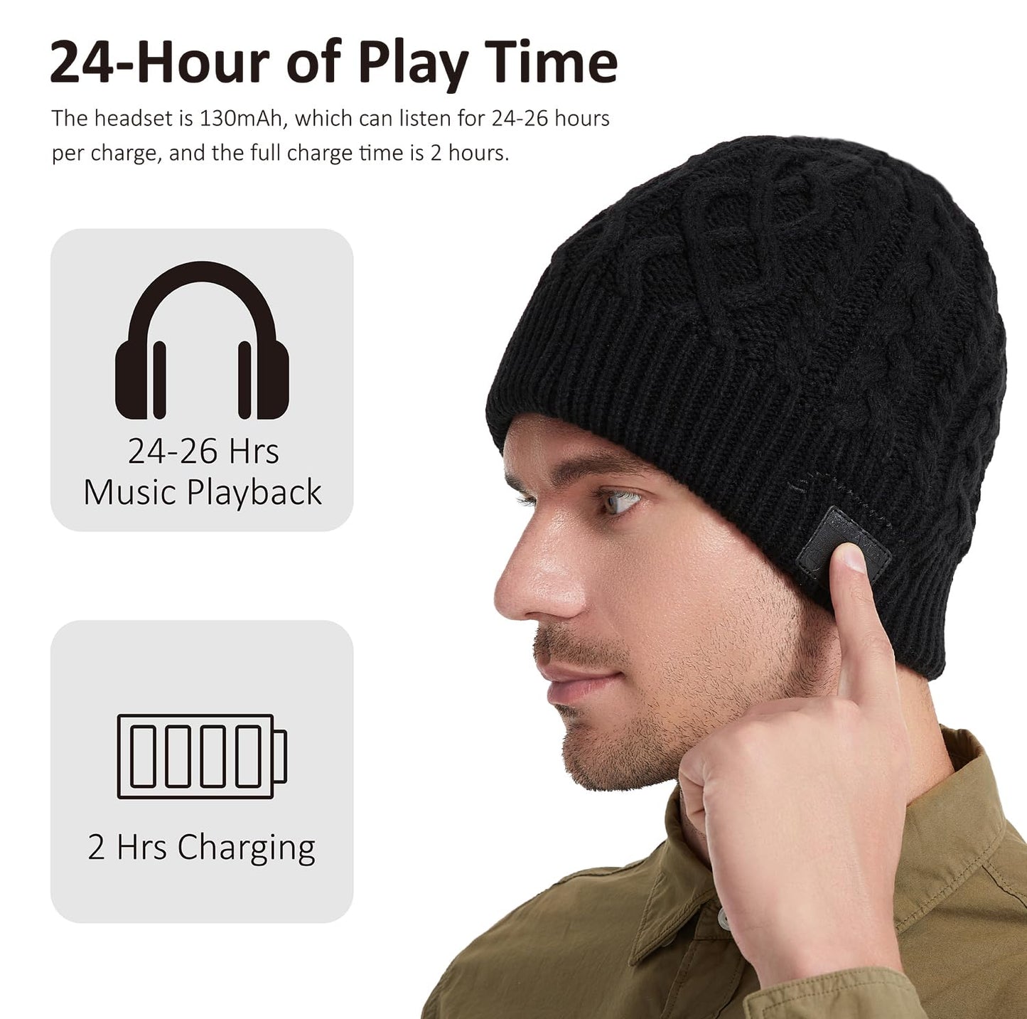 BORAYDA Bluetooth Beanie, Bluetooth 5.2 HD Stereo,30 Hours Play time,Built-in Microphone, Men's/Women's Christmas Electronic Gift (Black)