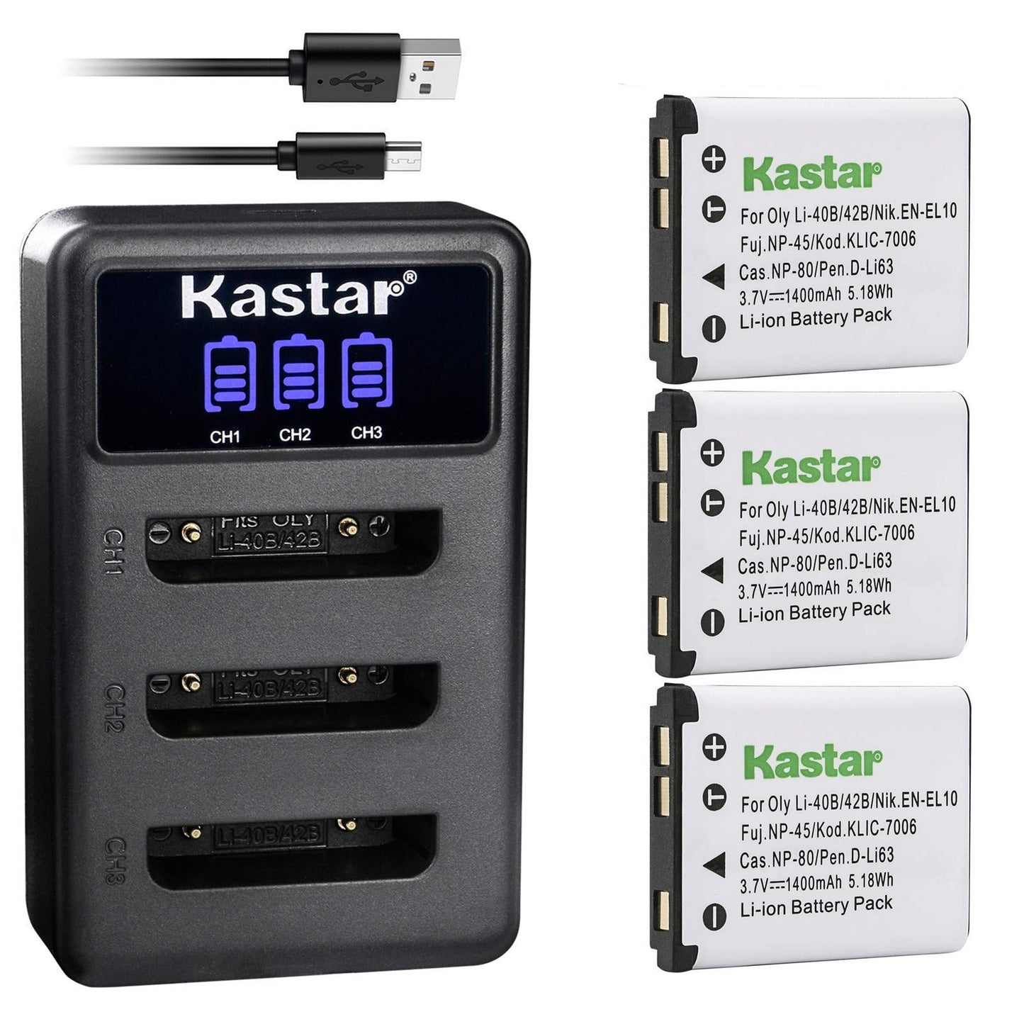Kastar Battery 3-Pack + LCD Triple Charger Replacement for Olympus LI-42B LI-40B, Fujifilm NP-45 NP-45A NP-45B NP-45S, Nikon EN-EL10, Kodak KLIC-7006