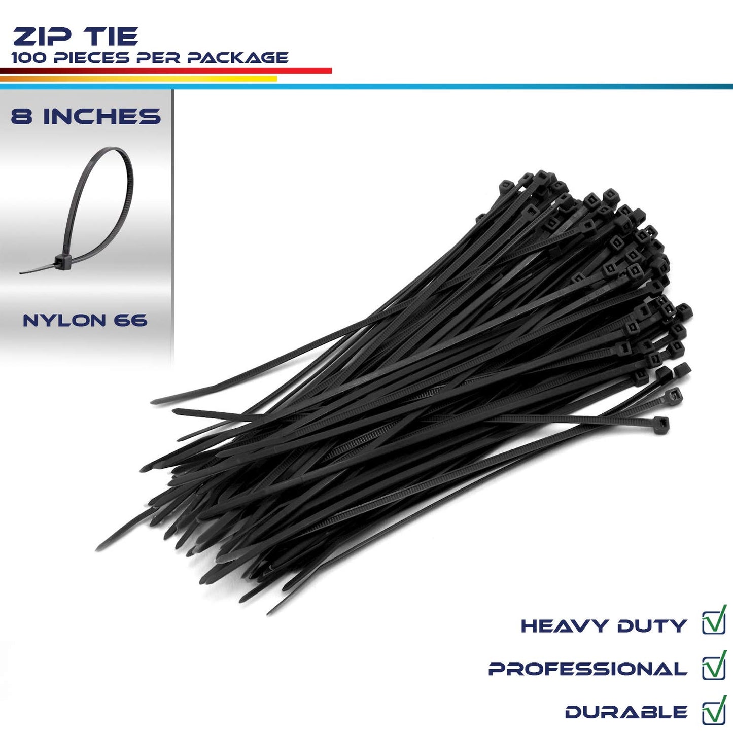 Windscreen4less 100 Pieces Black 8" Heavy Duty Zip Ties,Nylon Cable Ties