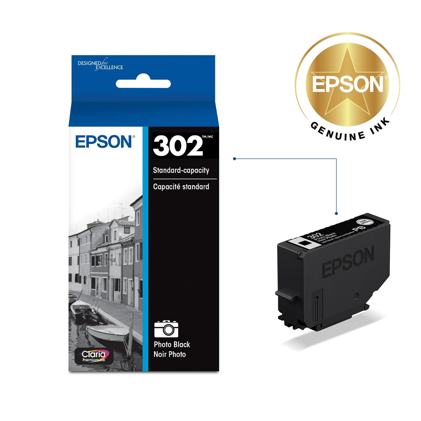 EPSON 302 Claria Premium Ink Standard Capacity Photo Black Cartridge (T302120-S) Works with Expression XP-6000, 6100