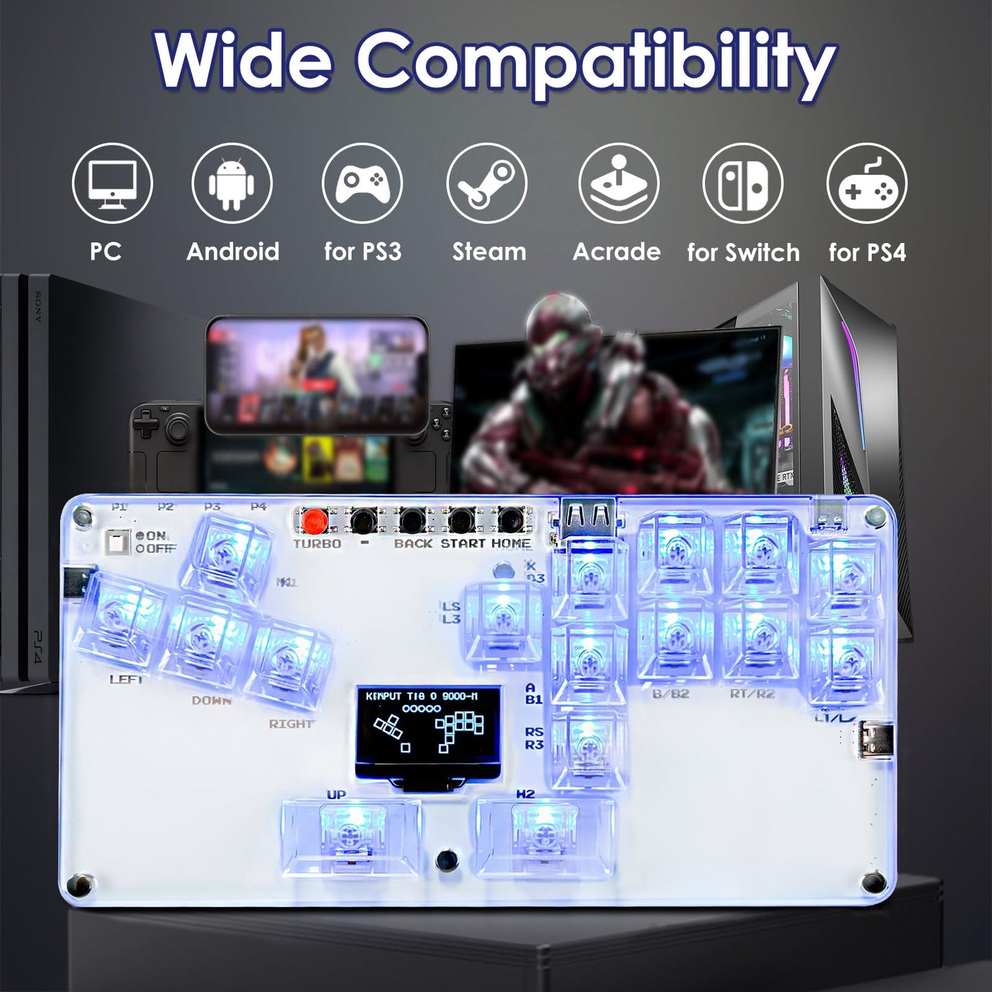 Stickless Arcade Controller 16Keys Arcade Fight Stick Game Keyboard Custom RGB & Turbo with 3 TYPE-C Ports, Mini Fighting Game Leverless Controller
