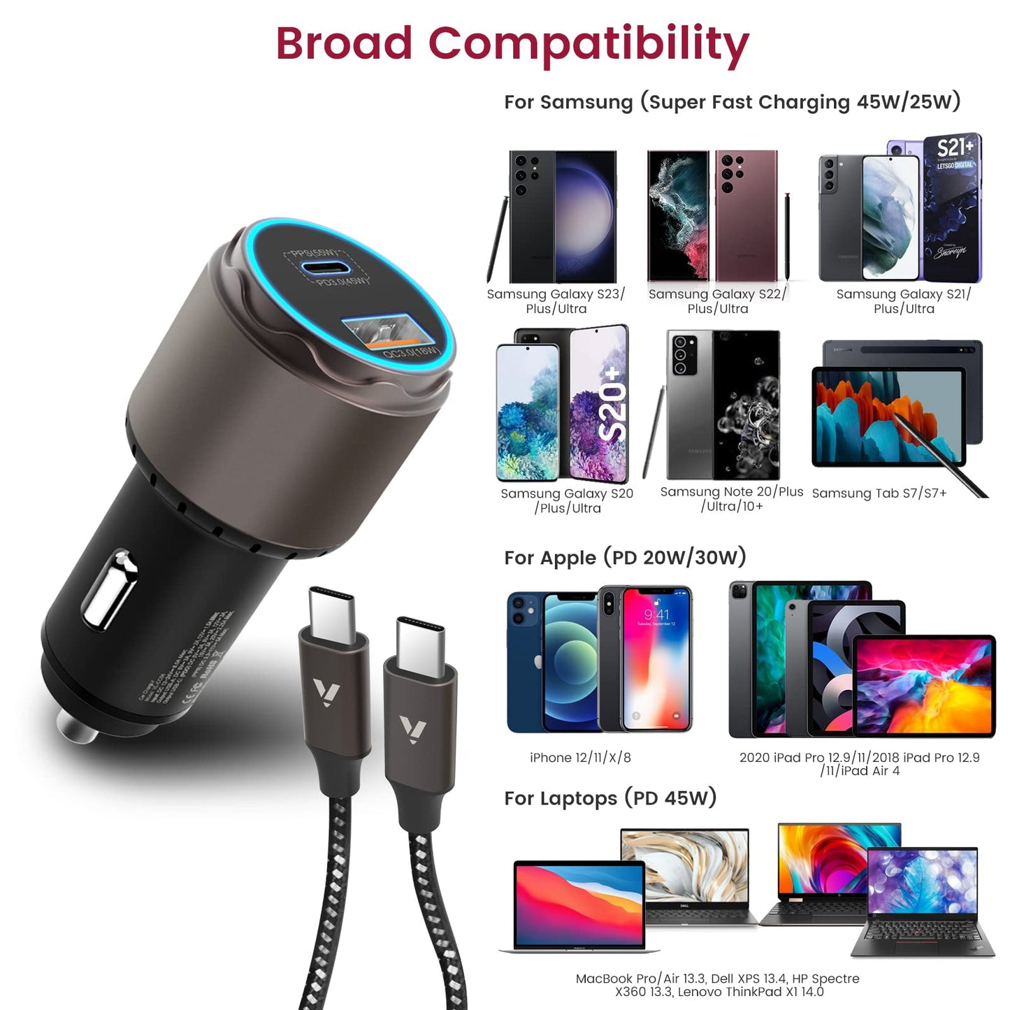 VELOGK Super Fast Type C Car Charger [73W Turbo], Fast Adaptive 55W 45W PPS/PD&QC3.0 USB C Car Adapter[Super Fast Charging 2.0]for Samsung S26/S25