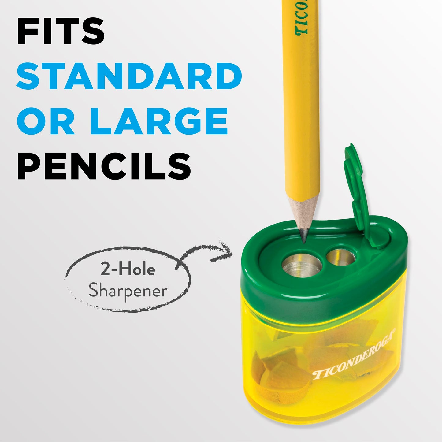 Ticonderoga Two-Hole Manual Pencil Sharpener for Standard and Beginner Pencils, Yellow/Green, 2" x 2" x 1.25", German-Engineered, 1 Count