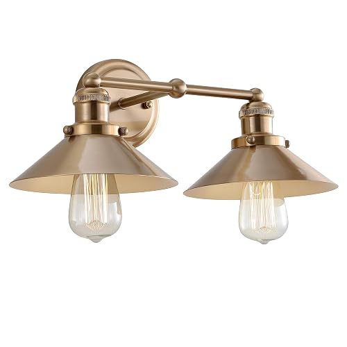 JONATHAN Y 17.5" Brass Gold 2-Light Industrial Farmhouse Metal Vanity Light Wall Sconce, Metal Shade for Bathroom Mirror, Kitchen, Entryway, LED Bulb