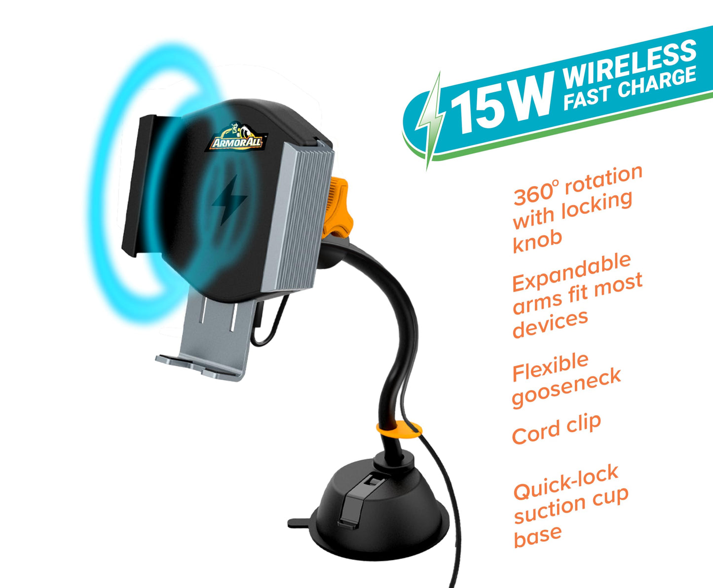 Armor All Wireless Charging Phone Holder, 15W Fast Charging Car Phone Mount, Flexible Gooseneck, Suction Cup and Cord Clip, 360 Degree Adjustable