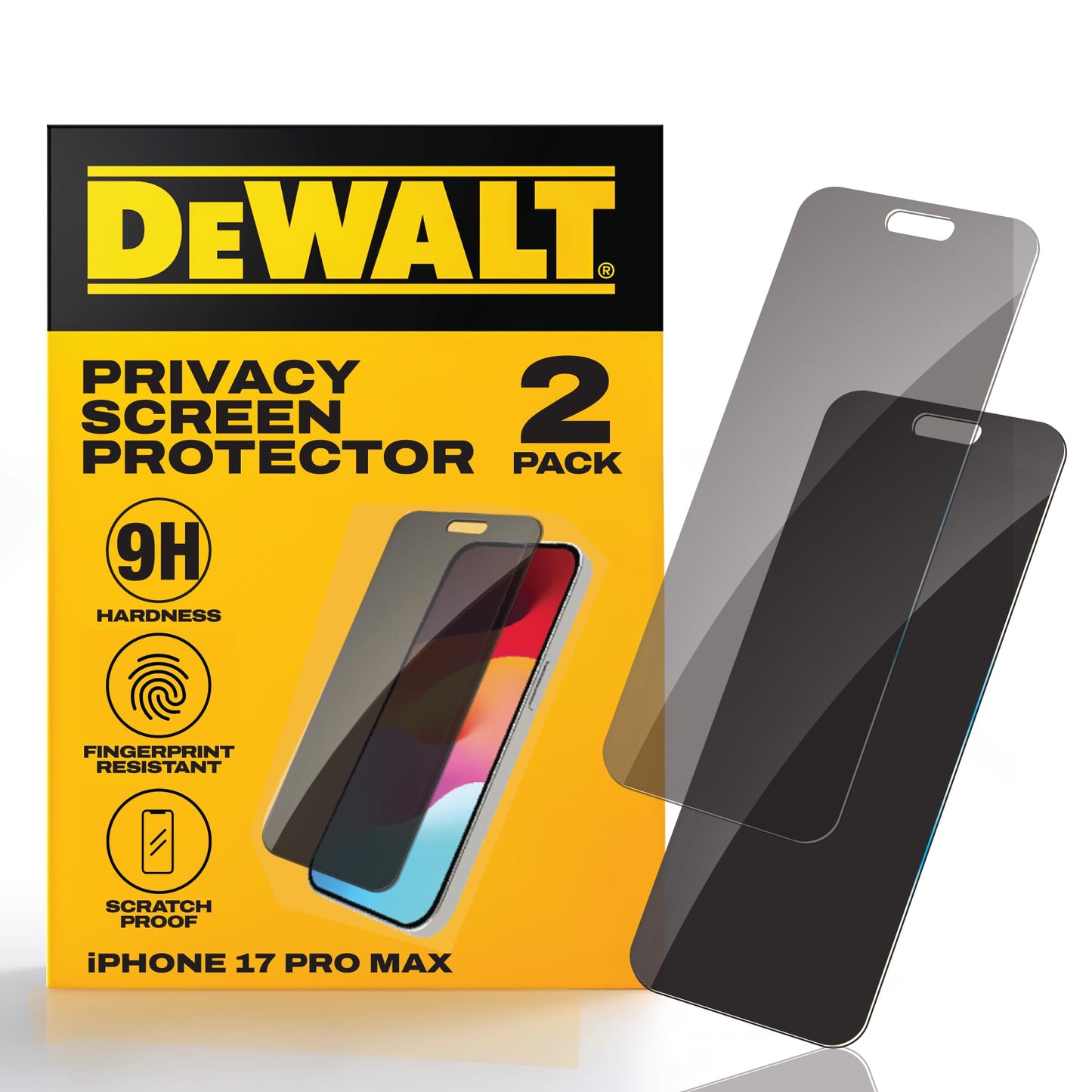 DEWALT Heavy Duty 2Pack Privacy Screen Protector Compatible with iPhone 17 Pro Max Dynamic Island, Sensor Protection, AntiSpy Tempered Glass [9H