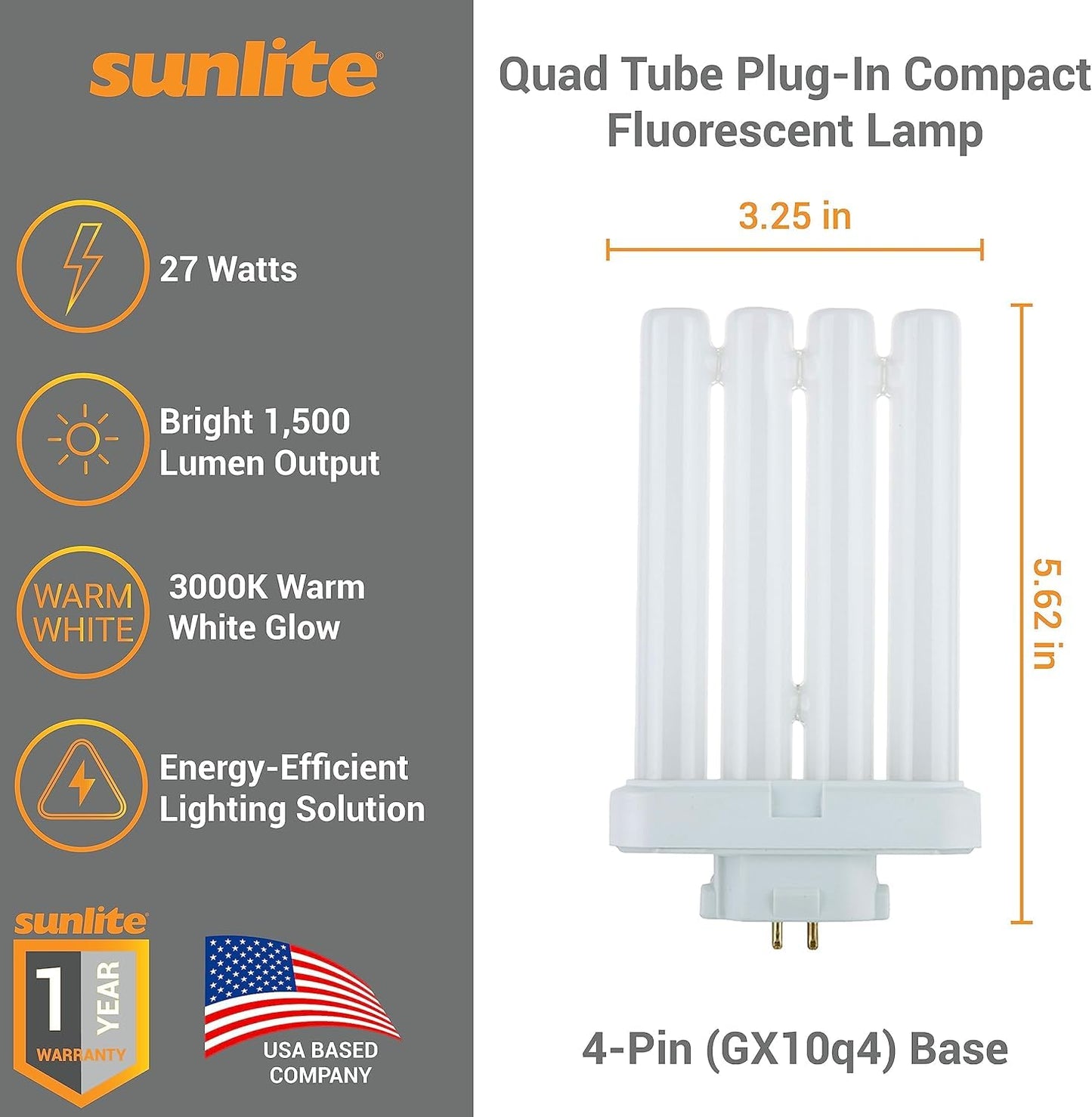 Sunlite FML27/30K Quad Tube Plug-in Compact Fluorescent Light Bulb, FML 4-Pin, 27 Watts, 1500 Lumens, 3000K Warm White, 4-Pin (GX10q4) Base, 120