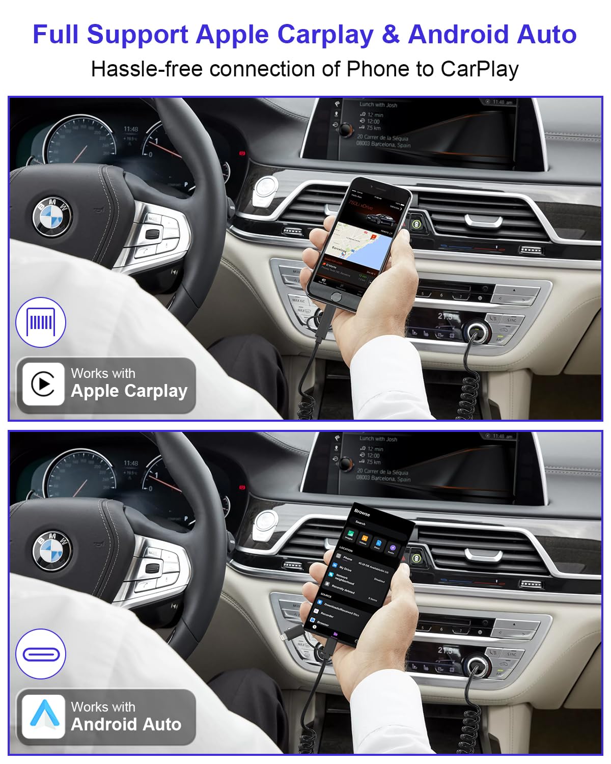 USB A to USB C & Lightning Cable - Support Apple Carplay & Android Auto Cable for iPhone 16/15/14/13/12/Android [MFi Certified] 3A Fast Charge & Data…
