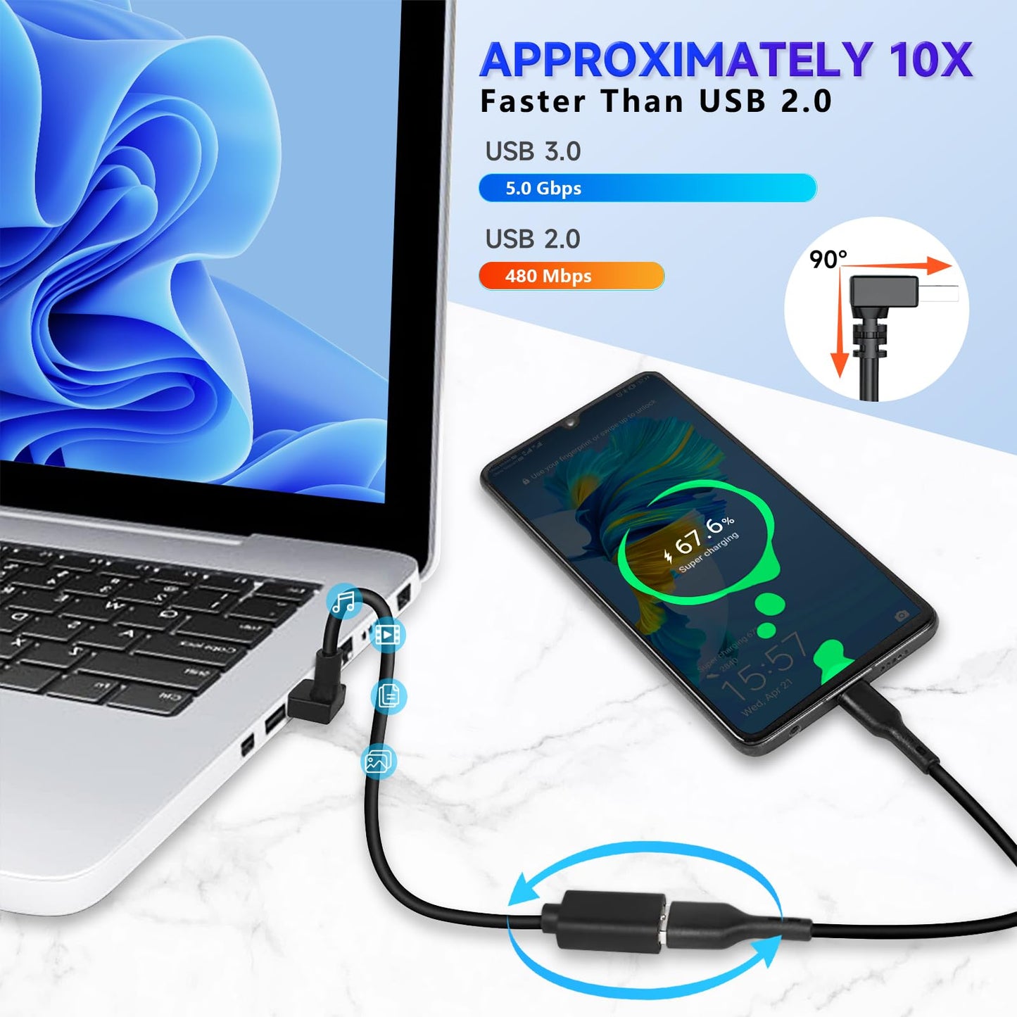 YIMATEECO USB3.0 Extension Cable Up Angle, 11.8 inch USB Male to Female Data Cable, 90 Degree USB Adapter with Gold Plated Contacts for U-SB Flash