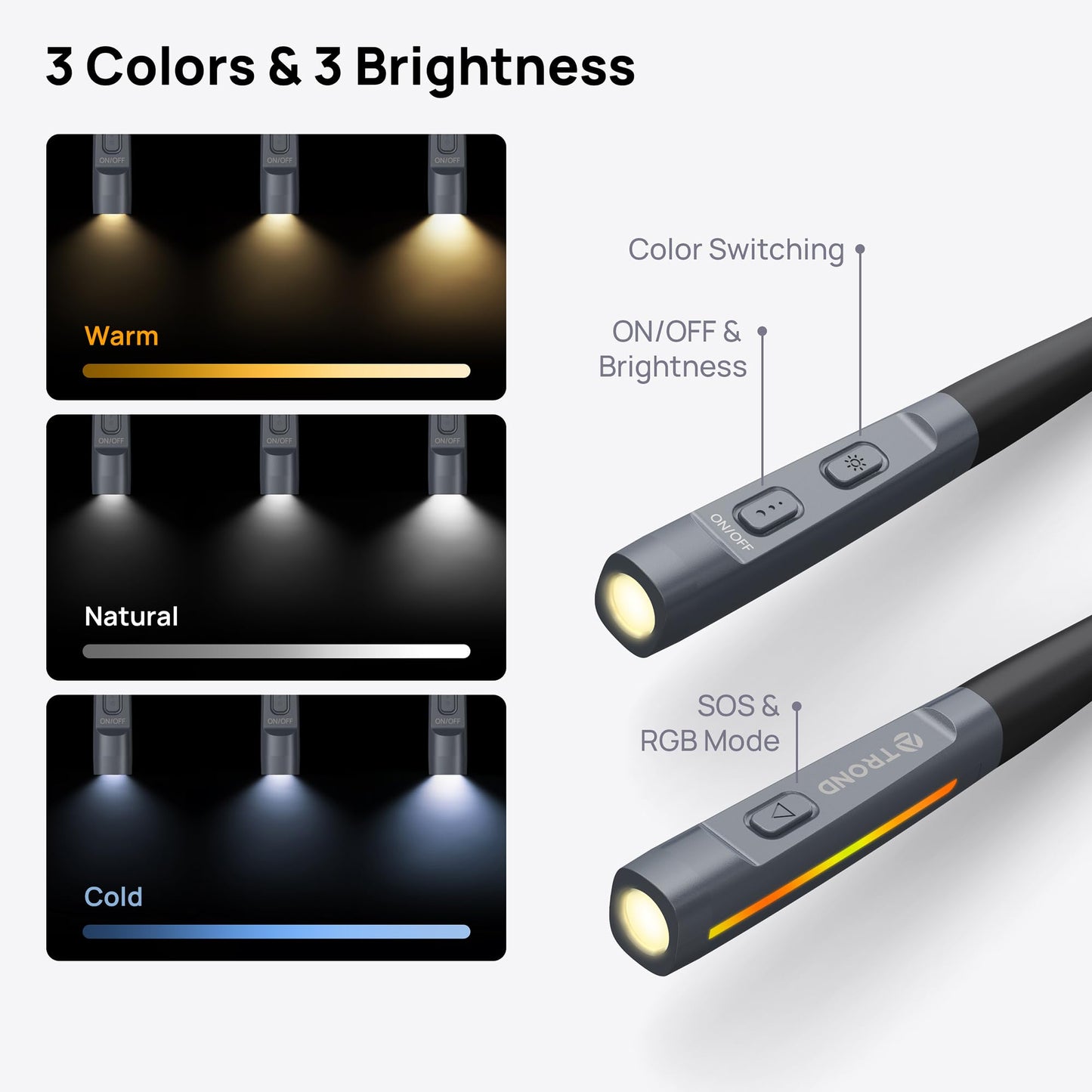 TROND LED Neck Reading Light, 3 Color 3 Brightness Book Light for Reading in Bed, 1000mAh Rechargeable Lamp, Flexible Arm with Outdoor Warning Lamp