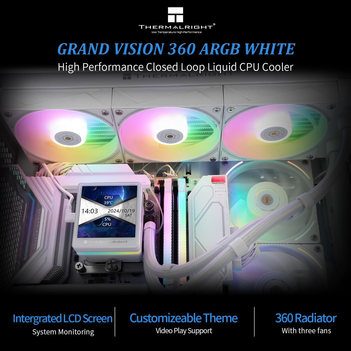 Thermalrlght Grand Vision 360 ARGB White CPU AIO Cooler,PC 360 Specification Water Cooler System,IPS LCD Screen with 480x480 Resolution