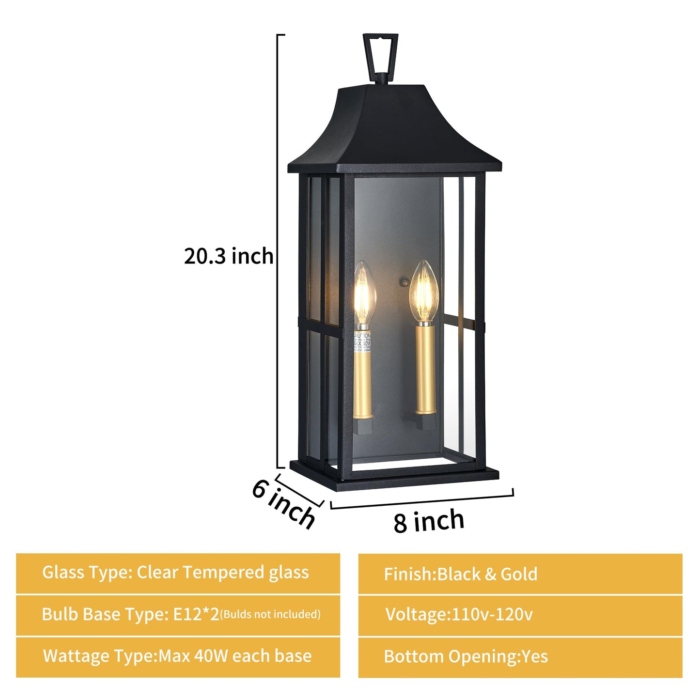 Outdoor Wall Sconce, 20.3" 2-Light in Black with Gold Rectangular Metal Frame and Clear Glass Shade Waterproof Porch Light Patio Light,Bulbs Not