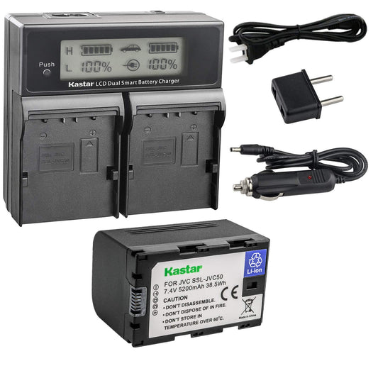 Kastar LCD Dual Smart Fast Charger & Battery (1 Pack) for JVC SSL-JVC50 and JVC GY-HMQ10, GY-LS300, GY-HM200, GY-HM600, GY-HM600E, GY-HM600EC