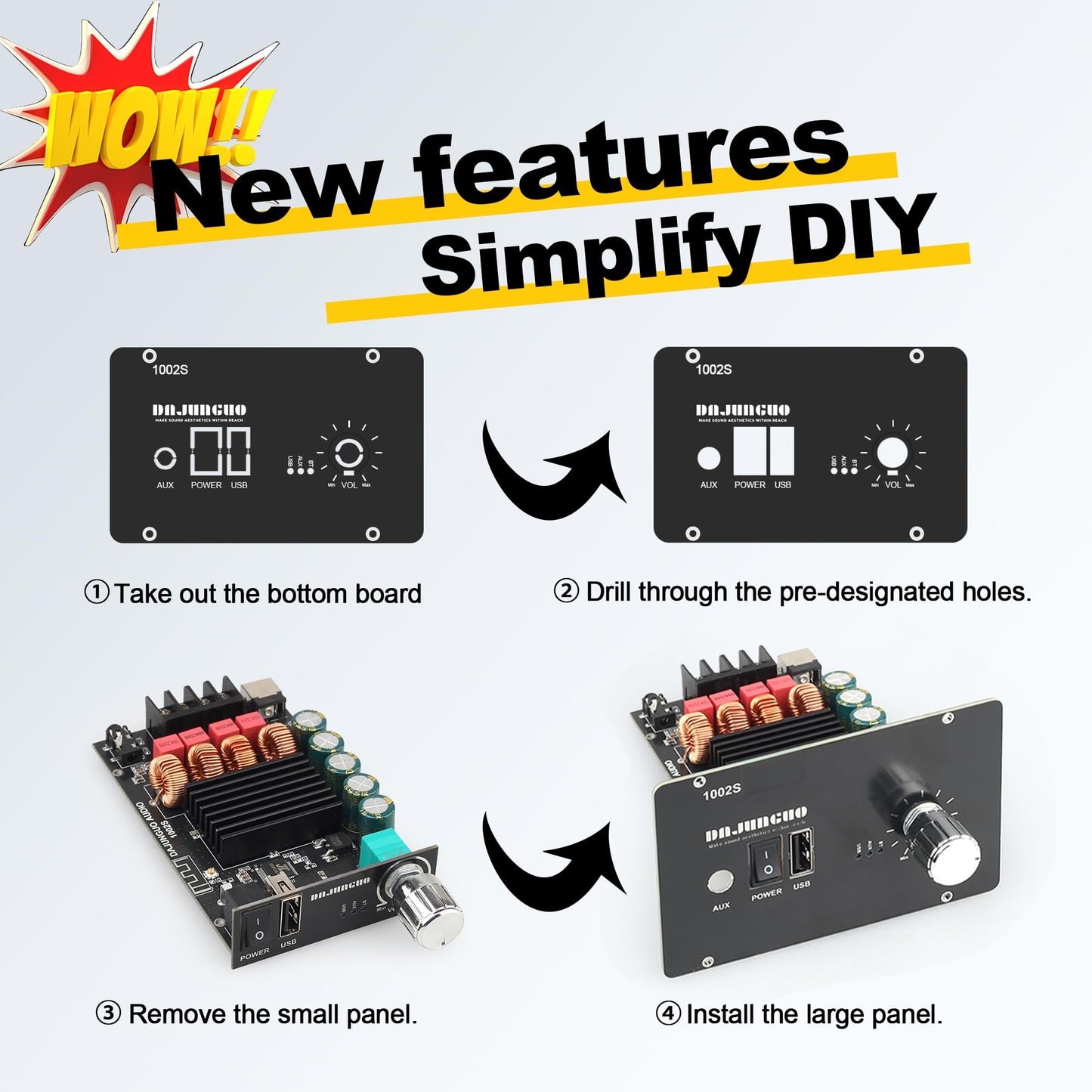 1002S 2.0 Channel Bluetooth Amplifier Board with Dual TPA3116D2 Chips, 100W+100W Amp Board Bluetooth/USB/3.5mm AUX Input