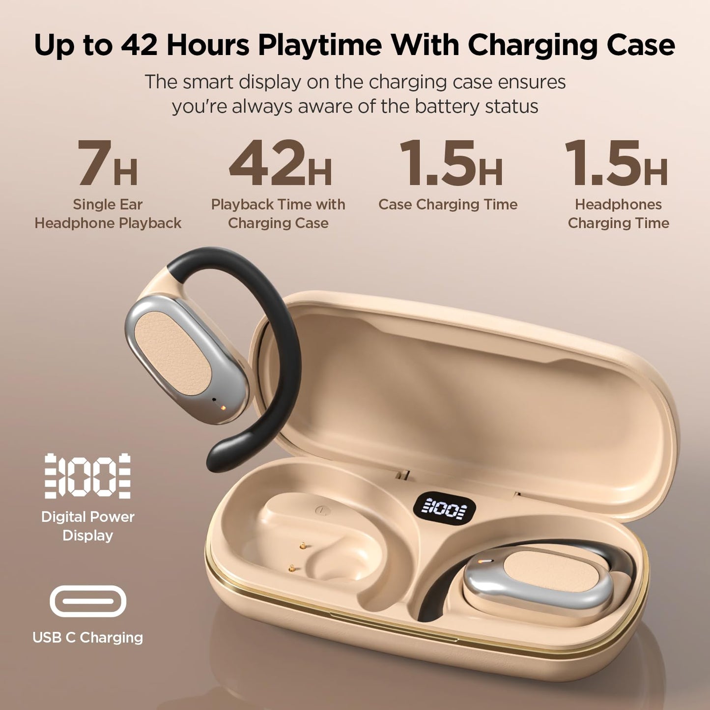 Open Ear Wireless Headphones Air Conduction Earbuds with Mic 42H Playtime Clear Calls LED Digital Display Over Earphones Lightweight Waterproof Secure