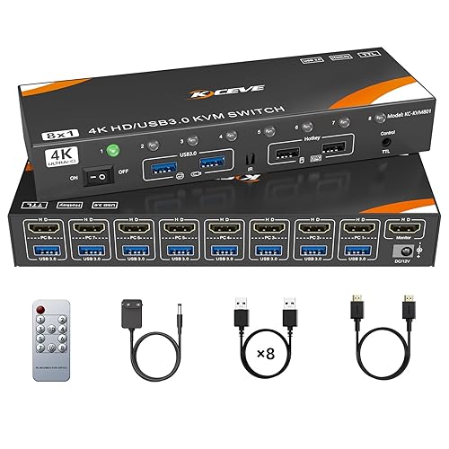 KVM Switch 8 Computers 1 Monitor HDMI 4K@60Hz, Reyoten USB 3.0 HDMI KVM Switch for 8 Computers Share 1 Monitor and 4 USB Devices with Hotkey, KVM