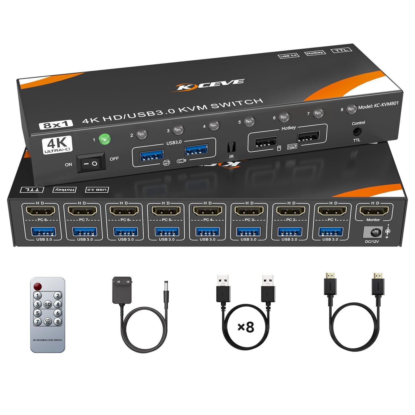 KVM Switch 8 Computers 1 Monitor HDMI 4K@60Hz, Reyoten USB 3.0 HDMI KVM Switch for 8 Computers Share 1 Monitor and 4 USB Devices with Hotkey, KVM