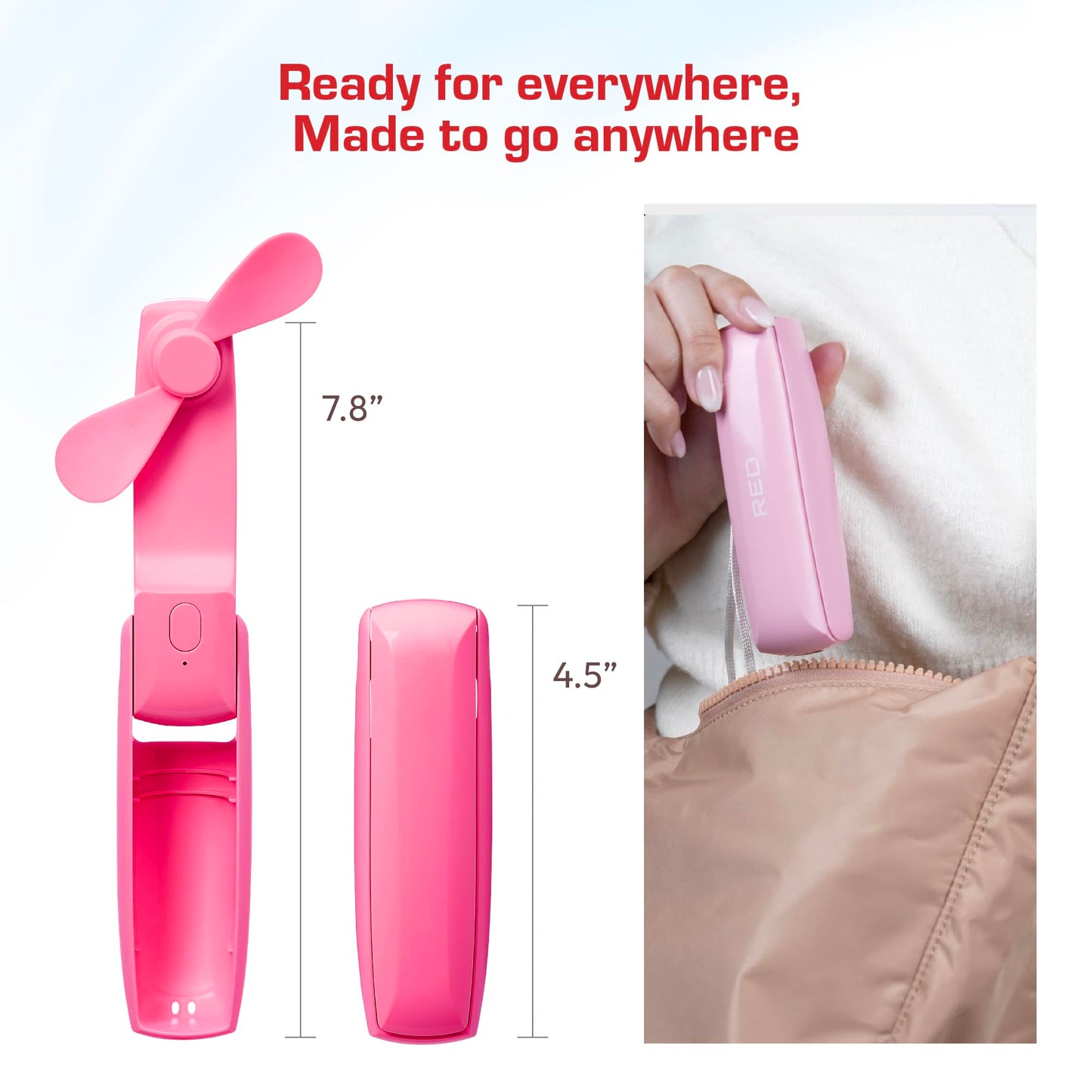 Red by Kiss 2-in-1 Rechargeable Pocket Fan - Mini USB-C Handheld, 3 Speeds, Foldable Travel, 4H Runtime (Purple)