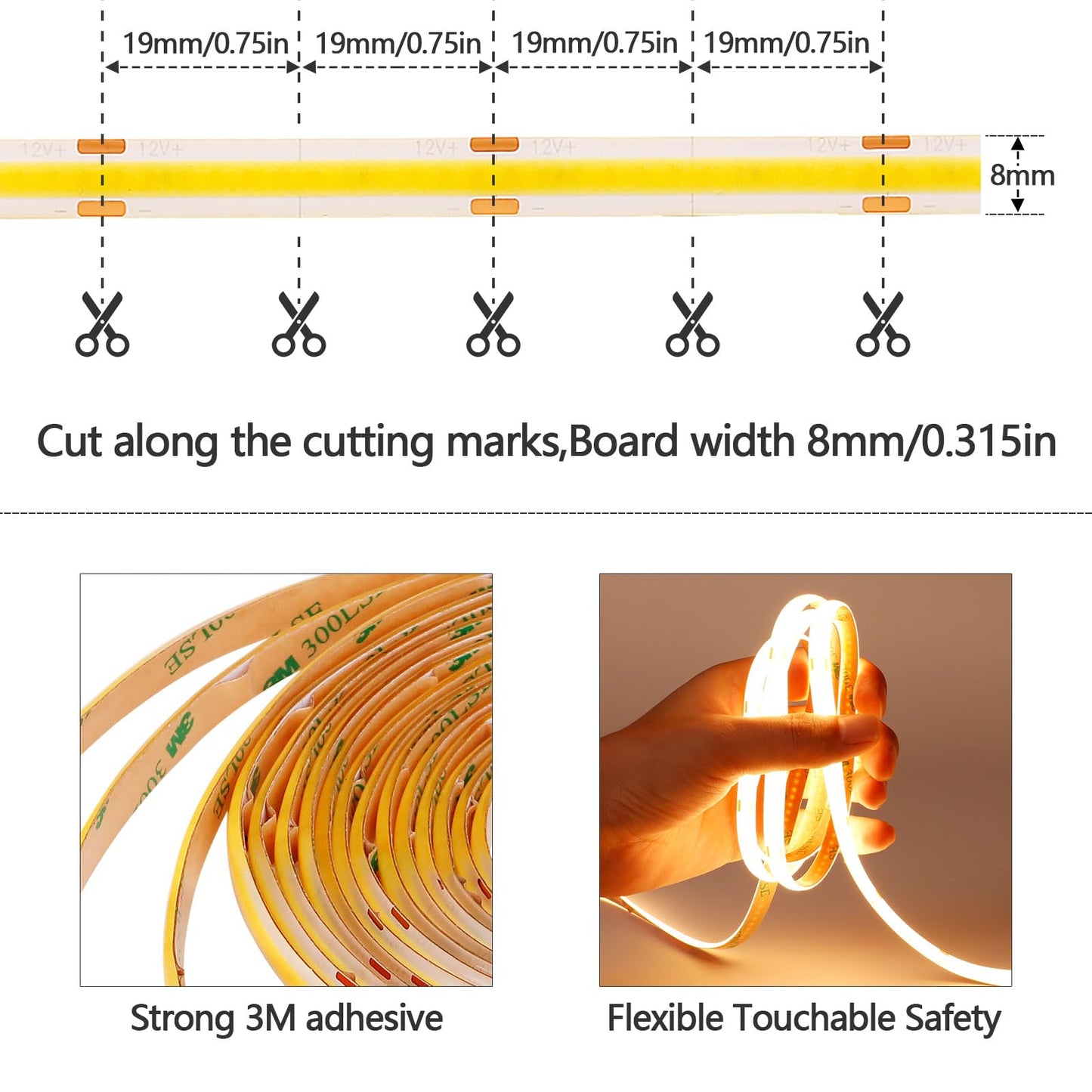 GOMING DC 12V COB LED Strip Light Warm White 3000K IP65 Waterproof 16.4ft(5M) 1560LEDs CRI 93+ Uniform Glow Flexible LED Tape Lights for DIY Bedroom