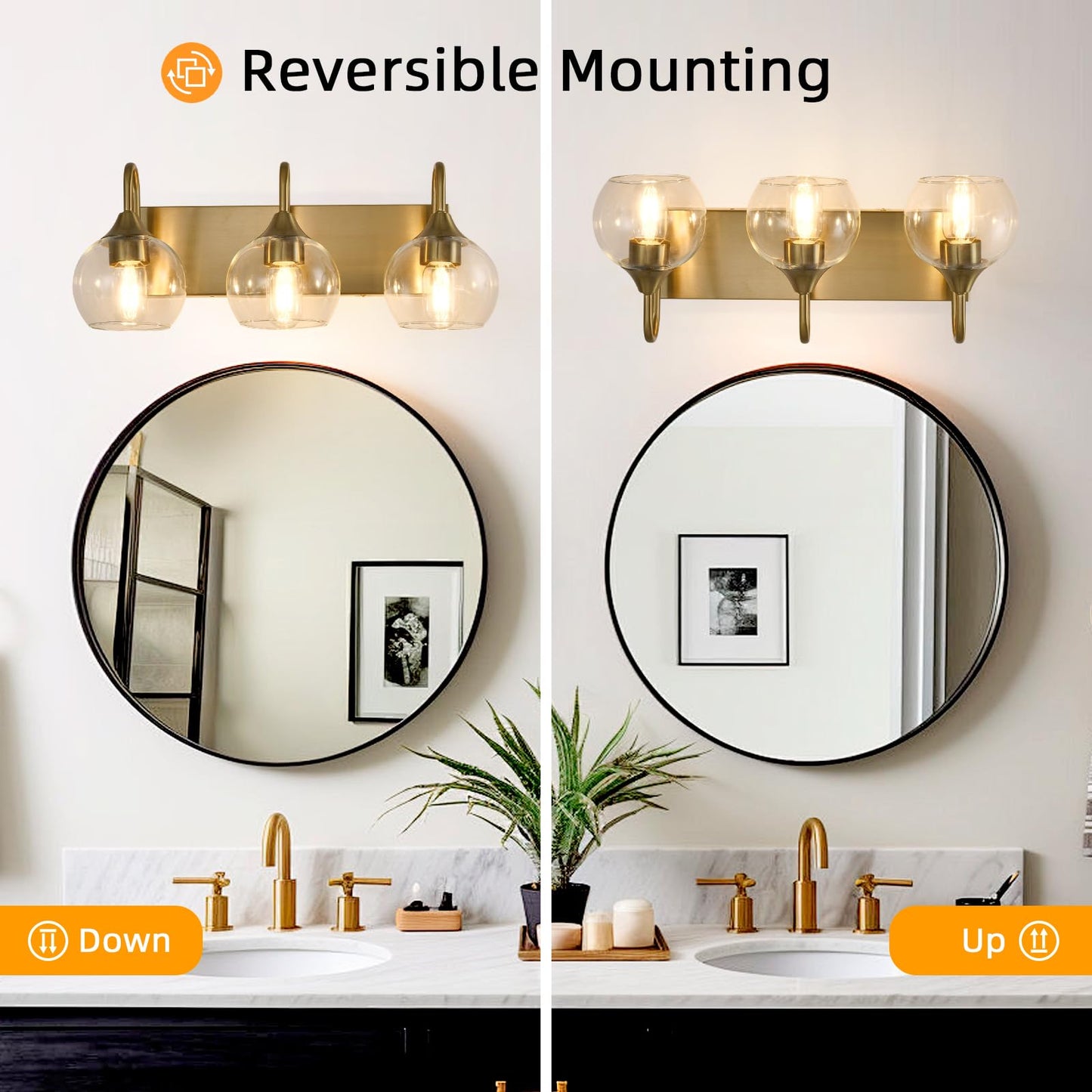 NOVCAND Gold Bathroom Light Fixtures, 3 Light Vanity Light with Clear Glass Shade,L 21" Bathroom Lighting Fixtures Over Mirror
