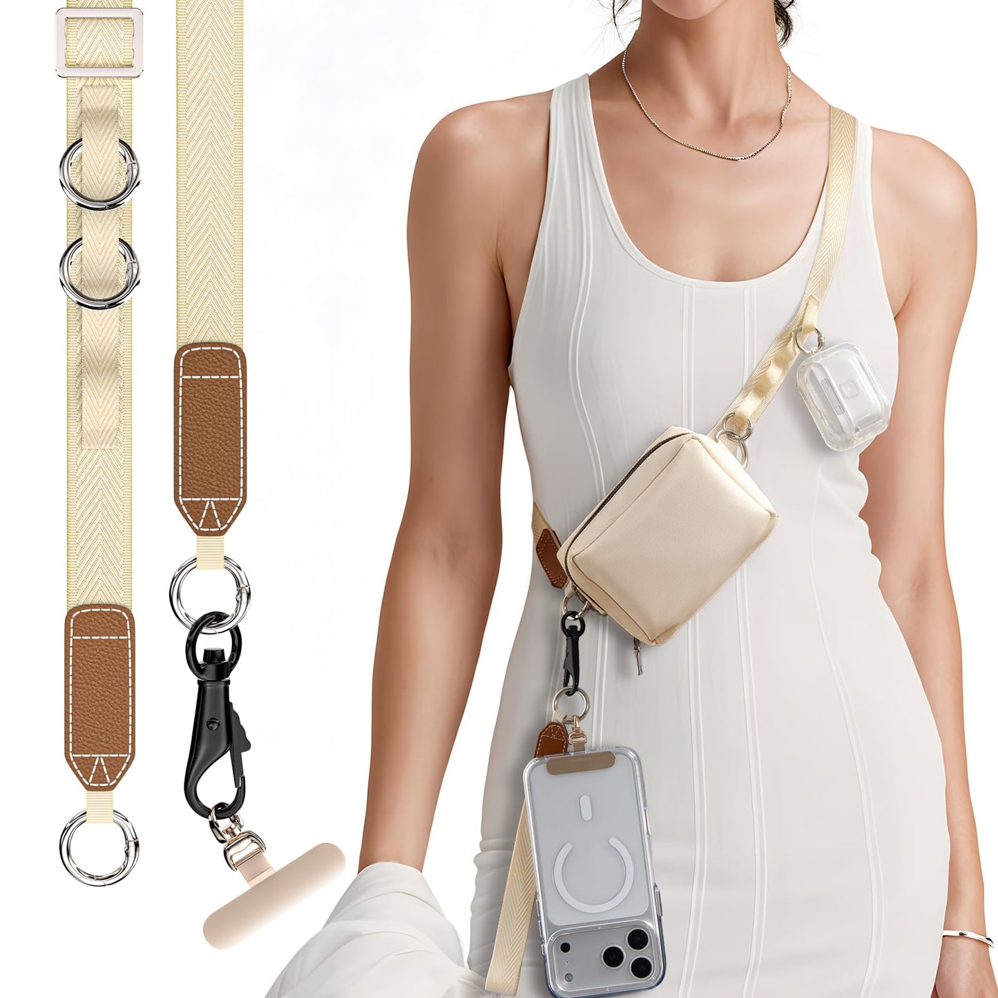 PEAKZOOC Phone Lanyard Crossbody, Clip and Go Phone Strap Crossbody with Wallet, Detachable Phone Crossbody Strap (Beige)