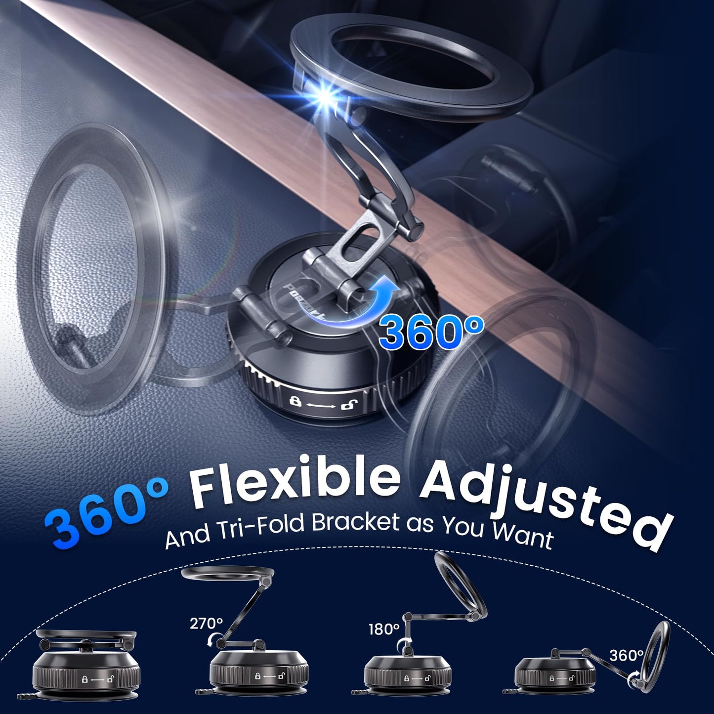 Tri-Folding Car Phone Holder for Magsafe[80+LBs Strongest Suction & 2850gf Strongest Magnetic], 360°Adjustable Phone Holders for Car, Suction Cup