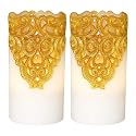 DRomance Hollow Gold Flameless Flickering Candles with 5H Timer, Battery Operated LED Pillar Candles Unscented Wax Warm Light Christmas Home