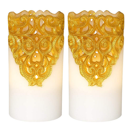 DRomance Hollow Gold Flameless Flickering Candles with 5H Timer, Battery Operated LED Pillar Candles Unscented Wax Warm Light Christmas Home