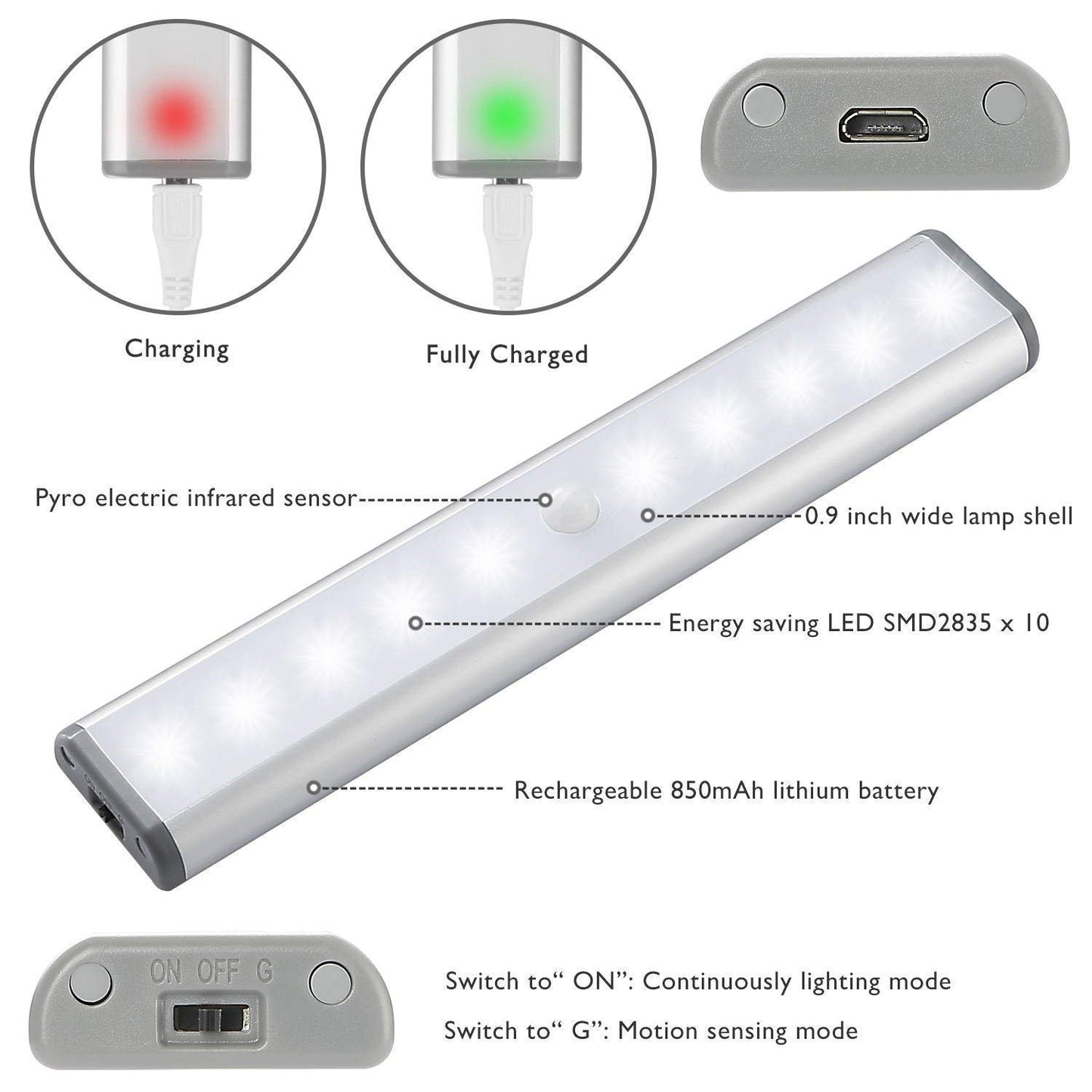 Wireless Motion Sensor Cabinet Lights 10-LED USB Rechargeable Closet Lights LED Under Cabinet Lighting