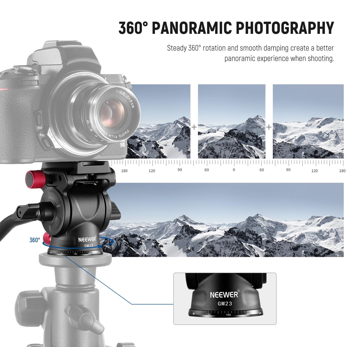 NEEWER Fluid Tripod Head with Handle & Arca Type Quick Release, Aluminum Alloy Panorama Drag Pan Tilt Head with ø43mm Scaled Base for Compact