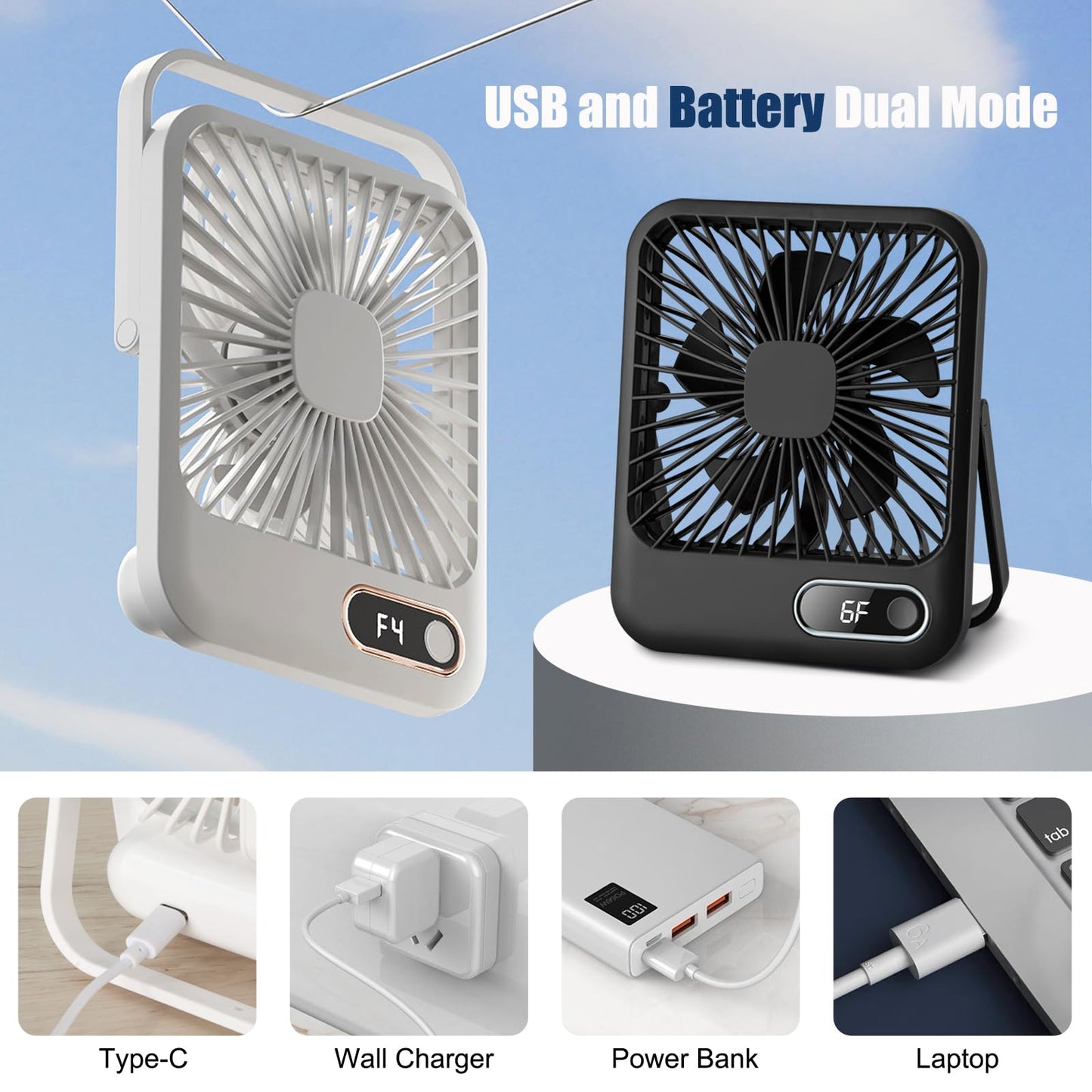 Feeniupin USB Rechargeable Fan with 4000mAh Battery Desk Fan 6.5" Portable Travel Fan Personal Fan 180°Foldable 6 Speeds 6 Hours Timer & Digital