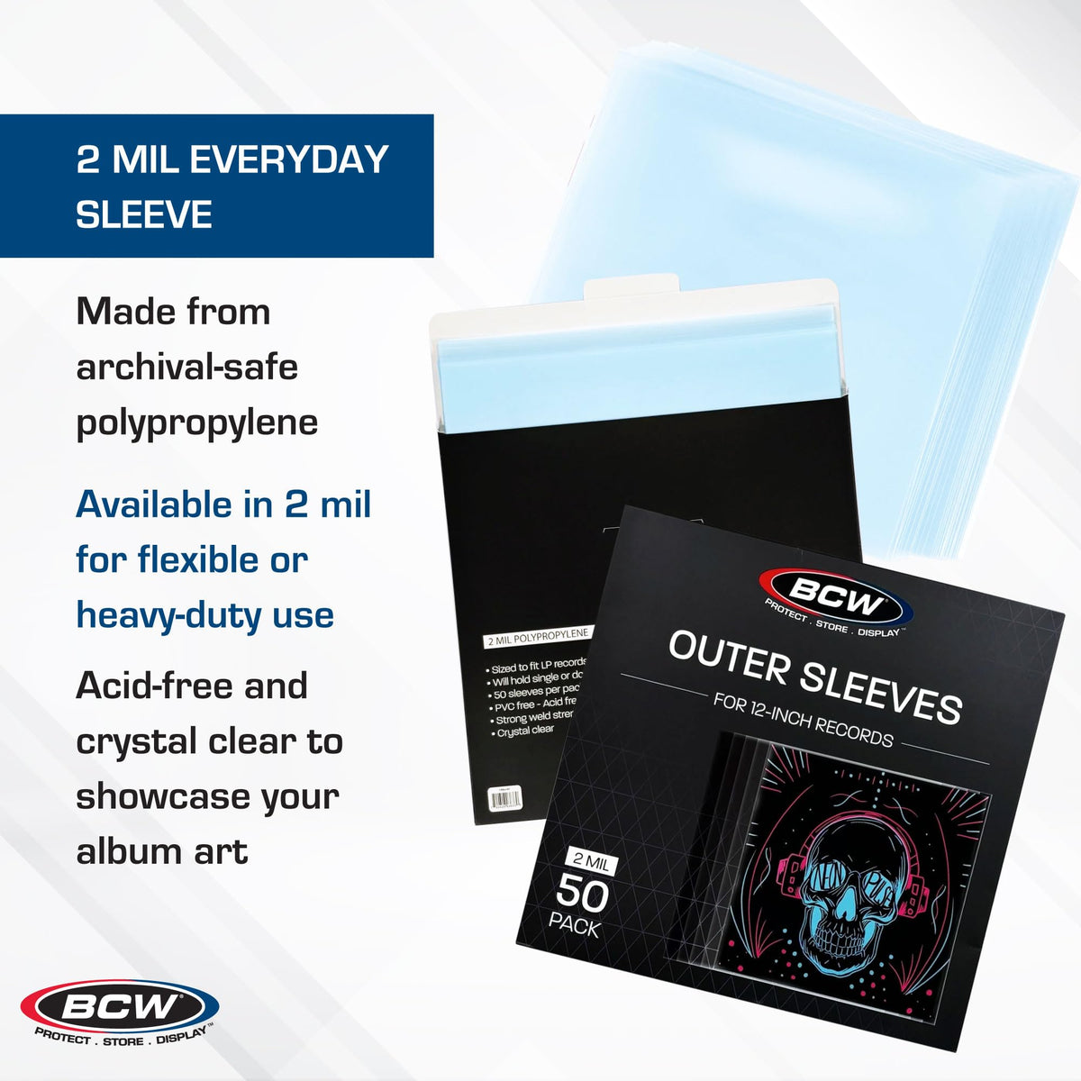 BCW 12-Inch Outer Sleeves - 50 Pack | Clear 2 Mil Polypropylene | Acid-Free Archival Quality for 33 1/3 RPM Album Covers | Ideal for Collectors
